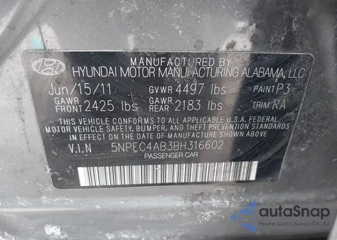 2011 Hyundai Sonata Se 2.0T from USA, damaged, VIN 5NPEC4AB3BH316602